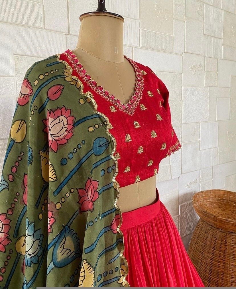 Red Kalamkari Lehenga Set: Hand-Painted Silk Crop Top, Wedding Choli