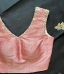 Hand Embroidered Silk Saree Blouse: Peach Zardosi Maggam Work