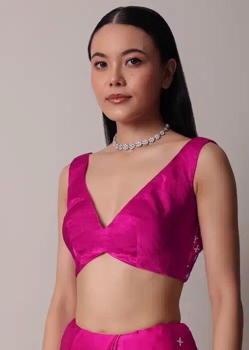 Pink Satin Silk Saree: Hand Embroidered Blouse, Sleeveless Designer Sari