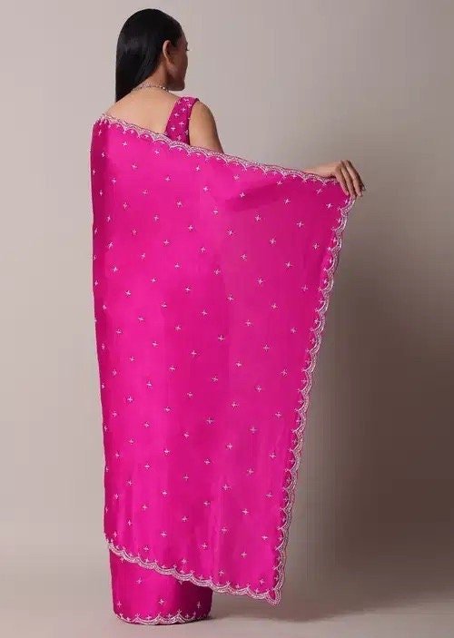 Pink Satin Silk Saree: Hand Embroidered Blouse, Sleeveless Designer Sari