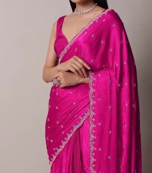 Pink Satin Silk Saree: Hand Embroidered Blouse, Sleeveless Designer Sari