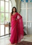 Pink Kota Silk Saree: Hand Embroidered Blouse, Sleeveless Design