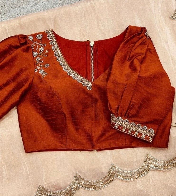 Peach tissue silk saree with hand embroidered blouse/peach saree with orange hand work blouse|sarees USA |pure silk saree/maggam work blous