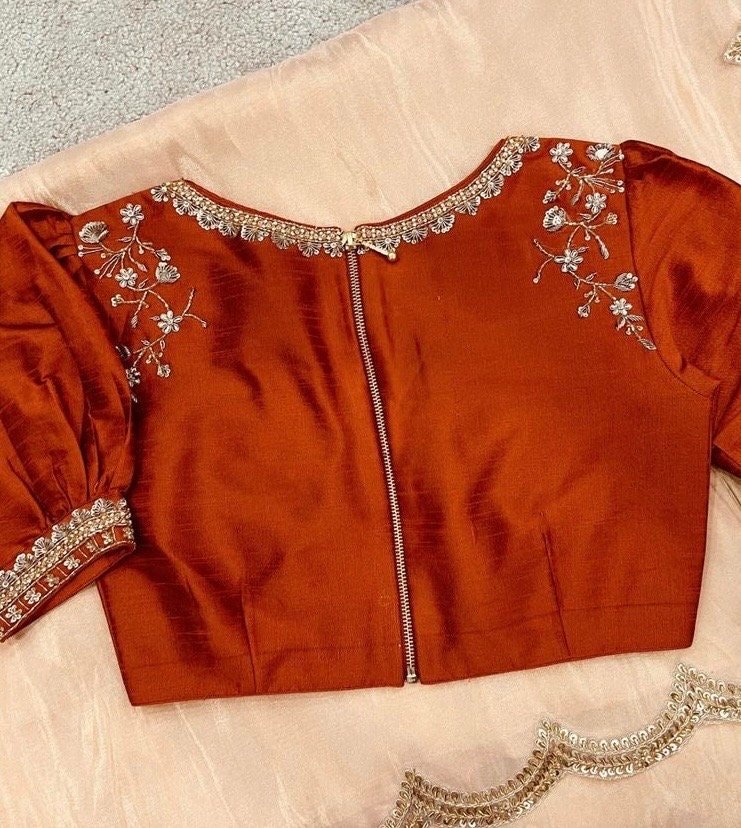 Peach tissue silk saree with hand embroidered blouse/peach saree with orange hand work blouse|sarees USA |pure silk saree/maggam work blous