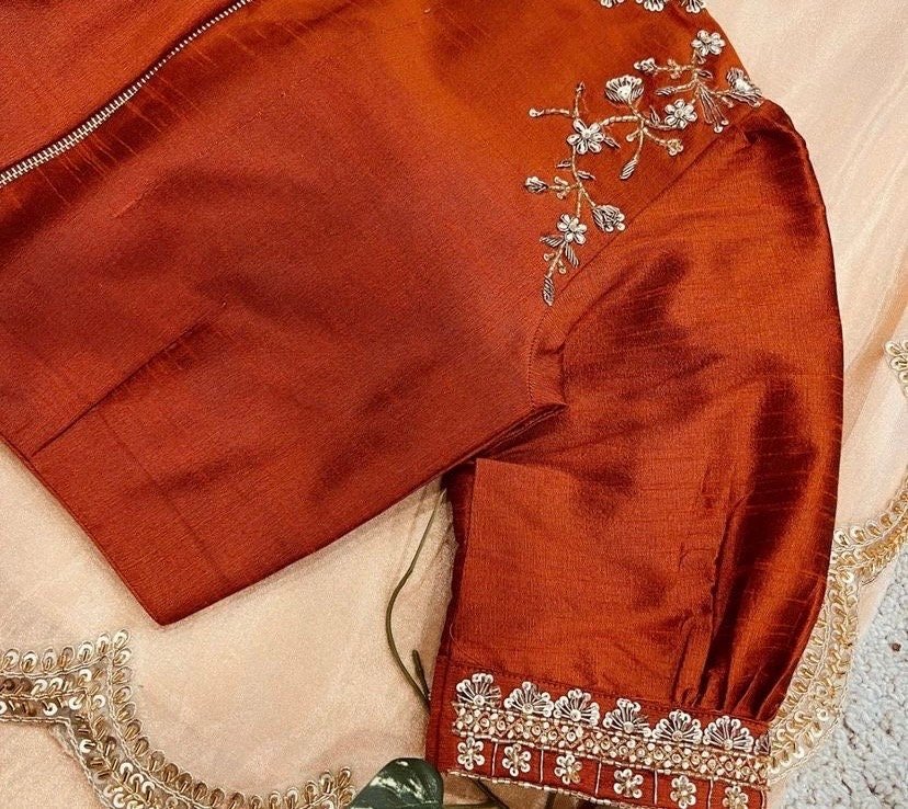 Peach tissue silk saree with hand embroidered blouse/peach saree with orange hand work blouse|sarees USA |pure silk saree/maggam work blous