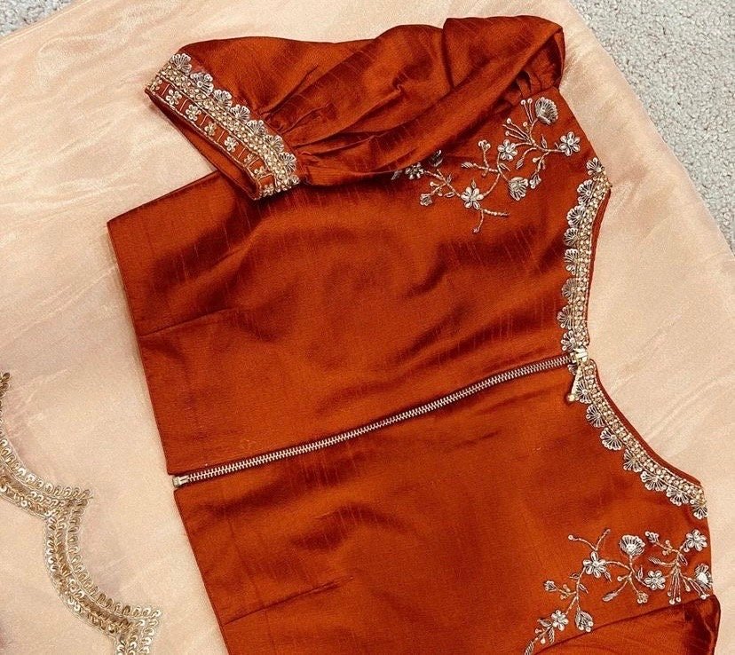 Peach tissue silk saree with hand embroidered blouse/peach saree with orange hand work blouse|sarees USA |pure silk saree/maggam work blous