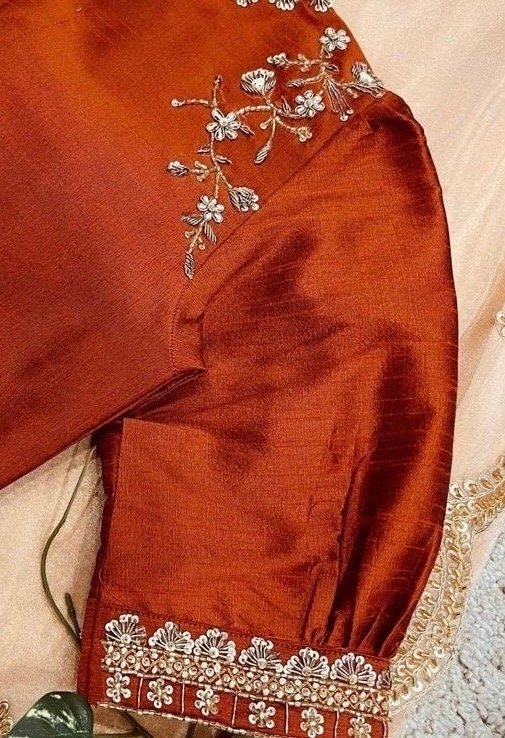 Peach tissue silk saree with hand embroidered blouse/peach saree with orange hand work blouse|sarees USA |pure silk saree/maggam work blous