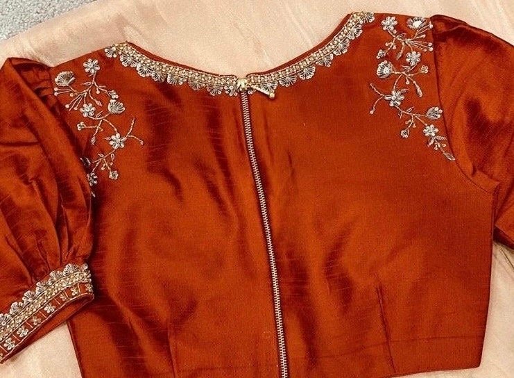 Peach tissue silk saree with hand embroidered blouse/peach saree with orange hand work blouse|sarees USA |pure silk saree/maggam work blous