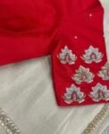 Cream Tissue Silk Saree: Red Hand-Embroidered Maggam Blouse