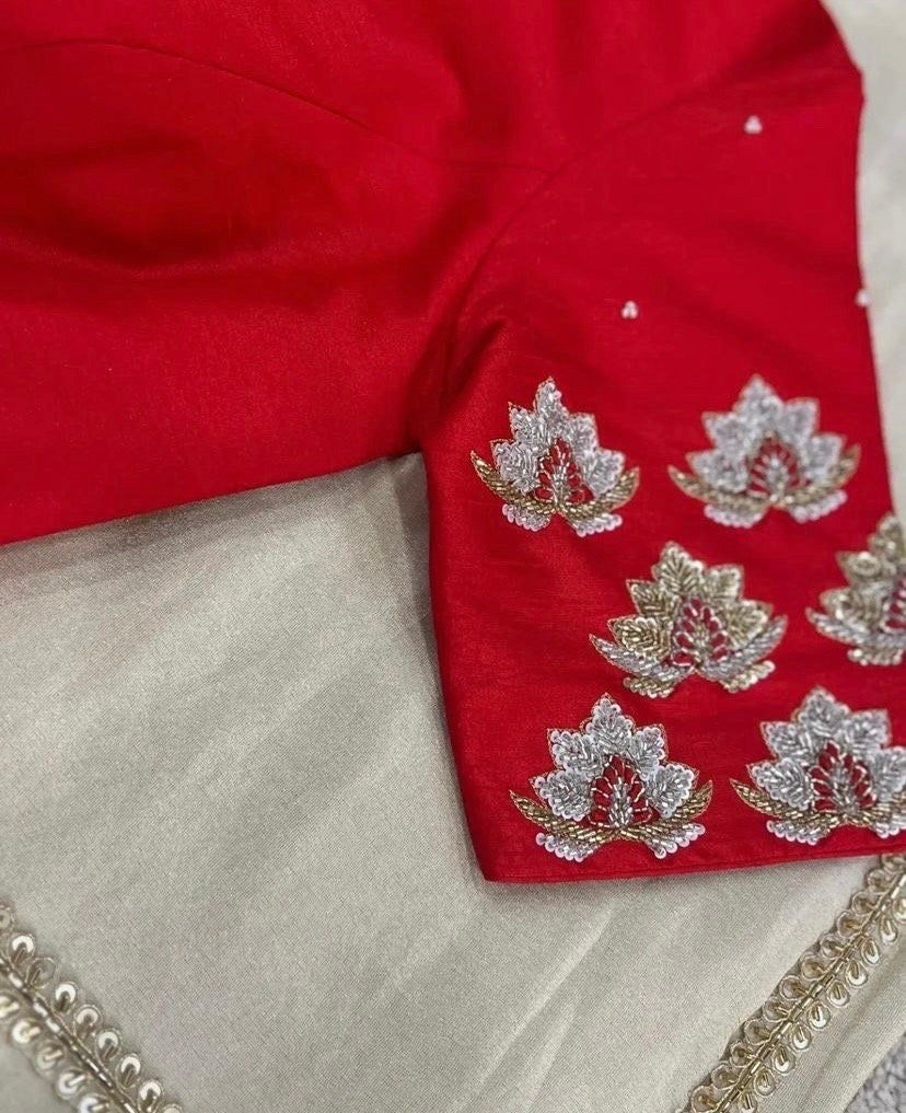 Cream Tissue Silk Saree: Red Hand-Embroidered Maggam Blouse
