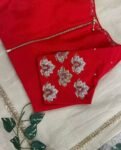 Cream Tissue Silk Saree: Red Hand-Embroidered Maggam Blouse