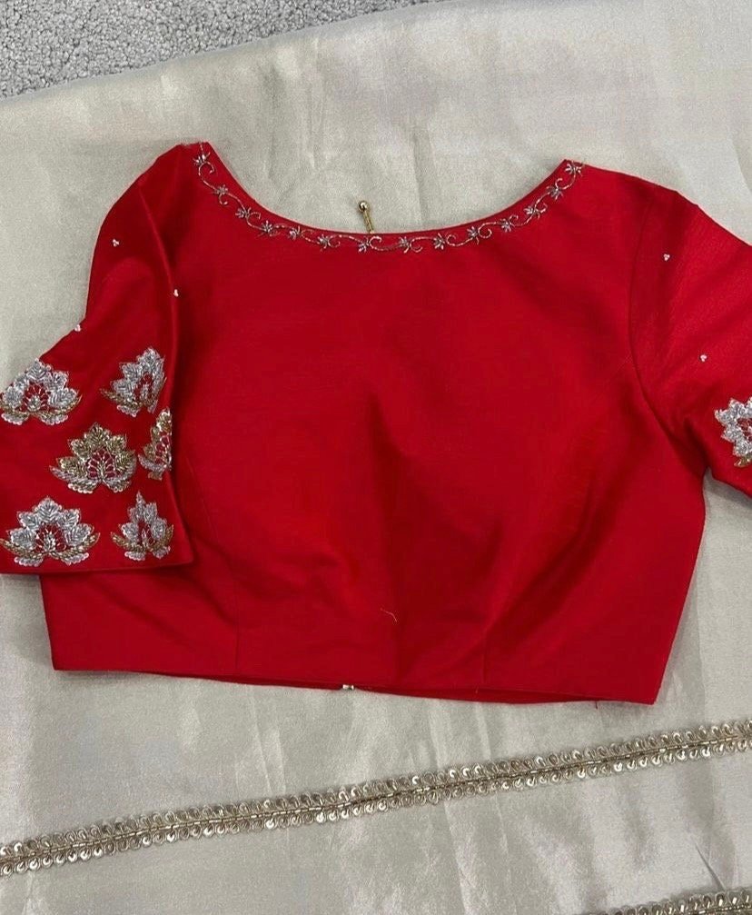Cream Tissue Silk Saree: Red Hand-Embroidered Maggam Blouse