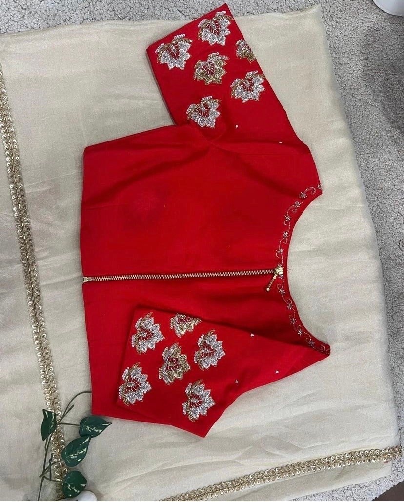 Cream Tissue Silk Saree: Red Hand-Embroidered Maggam Blouse