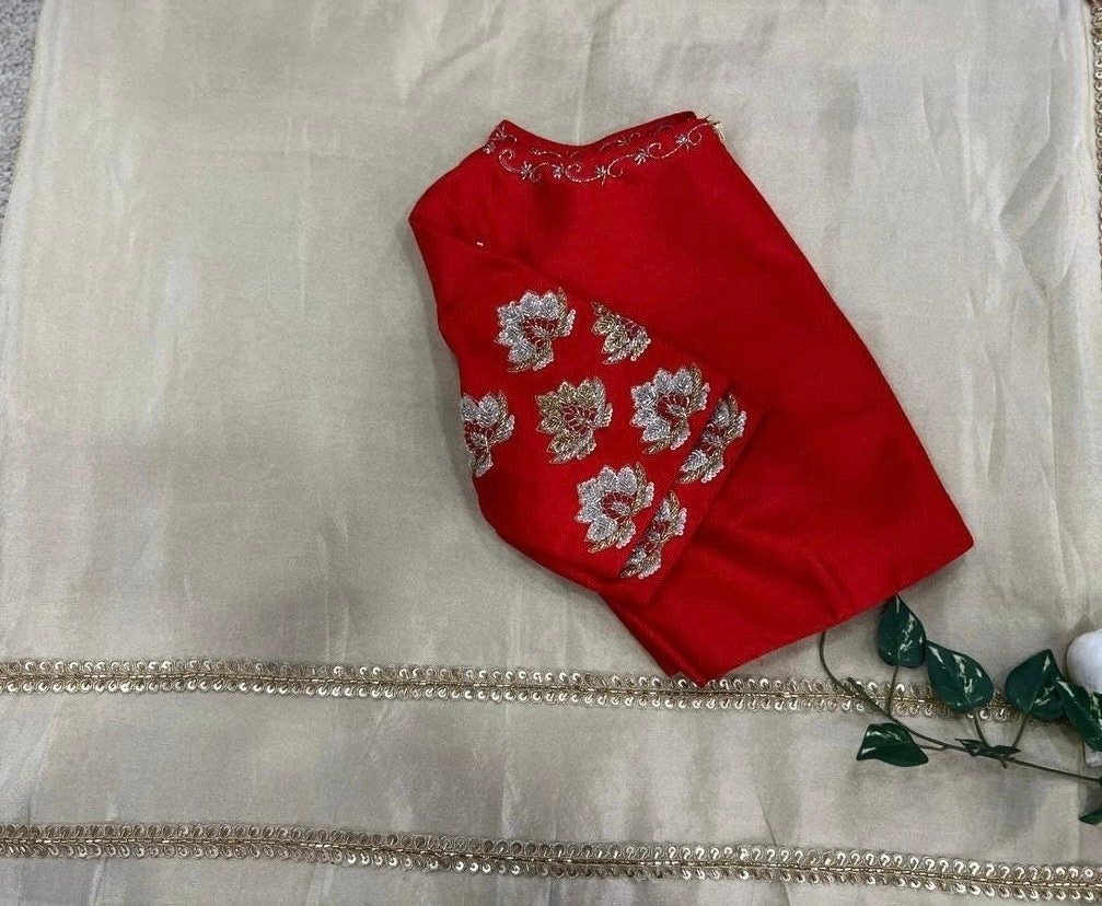 Cream Tissue Silk Saree: Red Hand-Embroidered Maggam Blouse