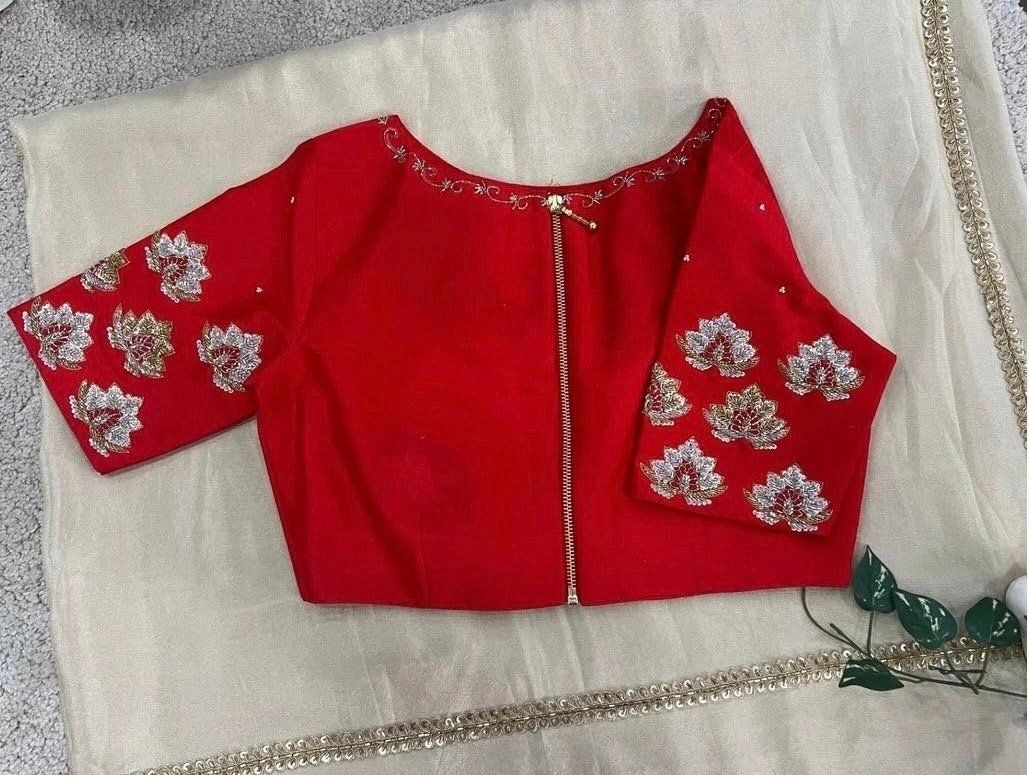 Cream Tissue Silk Saree: Red Hand-Embroidered Maggam Blouse
