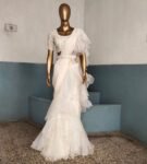 Cream Ruffle saree/white ruffle saree with stitched blouse/readymade saree belt with blouse/silk ruffle saree/saree with belt/lehenga sari