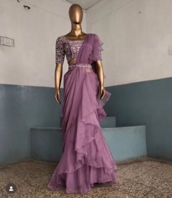 Pink Ruffle saree/blue ruffle saree with stitched blouse/readymade saree belt with blouse/silk ruffle saree/saree with belt/lehenga sari blu