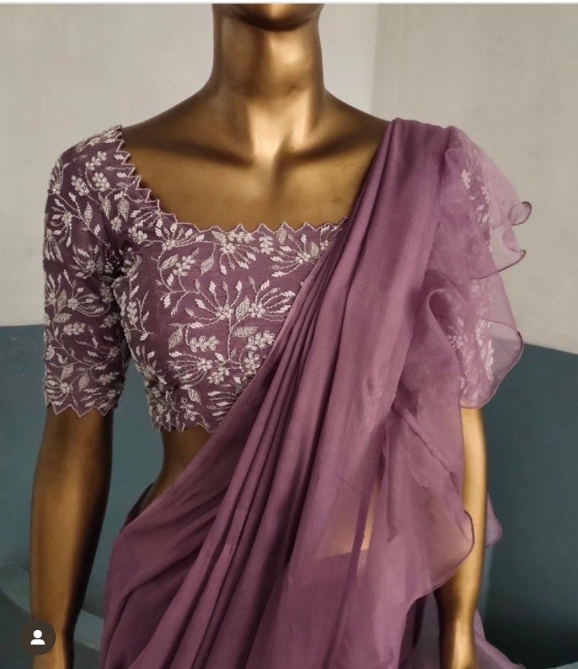 Pink Ruffle saree/blue ruffle saree with stitched blouse/readymade saree belt with blouse/silk ruffle saree/saree with belt/lehenga sari blu