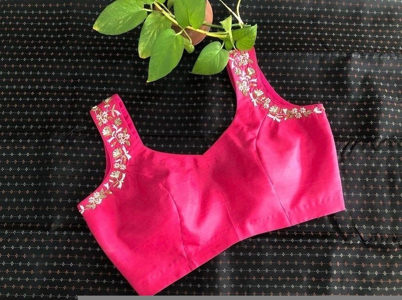 Pure Silk Hand Embroidered Saree Blouse: Pink Zardosi Maggam Work
