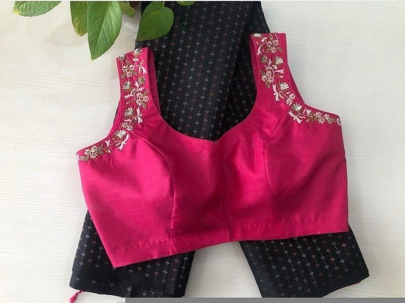 Pure Silk Hand Embroidered Saree Blouse: Pink Zardosi Maggam Work