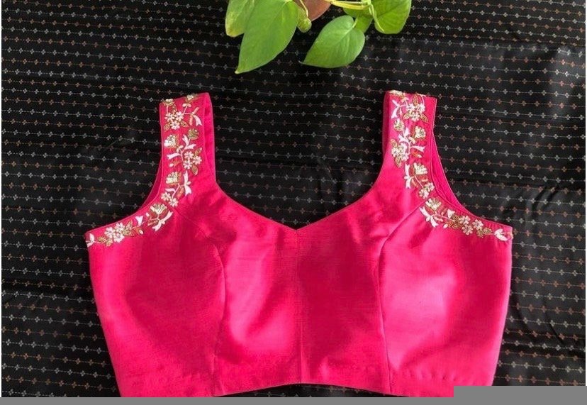 Pure Silk Hand Embroidered Saree Blouse: Pink Zardosi Maggam Work