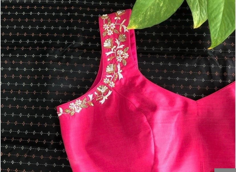 Pure Silk Hand Embroidered Saree Blouse: Pink Zardosi Maggam Work