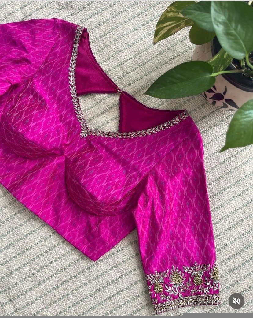 pure silk hand embroidery blouse /pink saree maggam blouse/pink ikkat silk zardosi blouse/ embroidered blouse/pochampally ready made blouse
