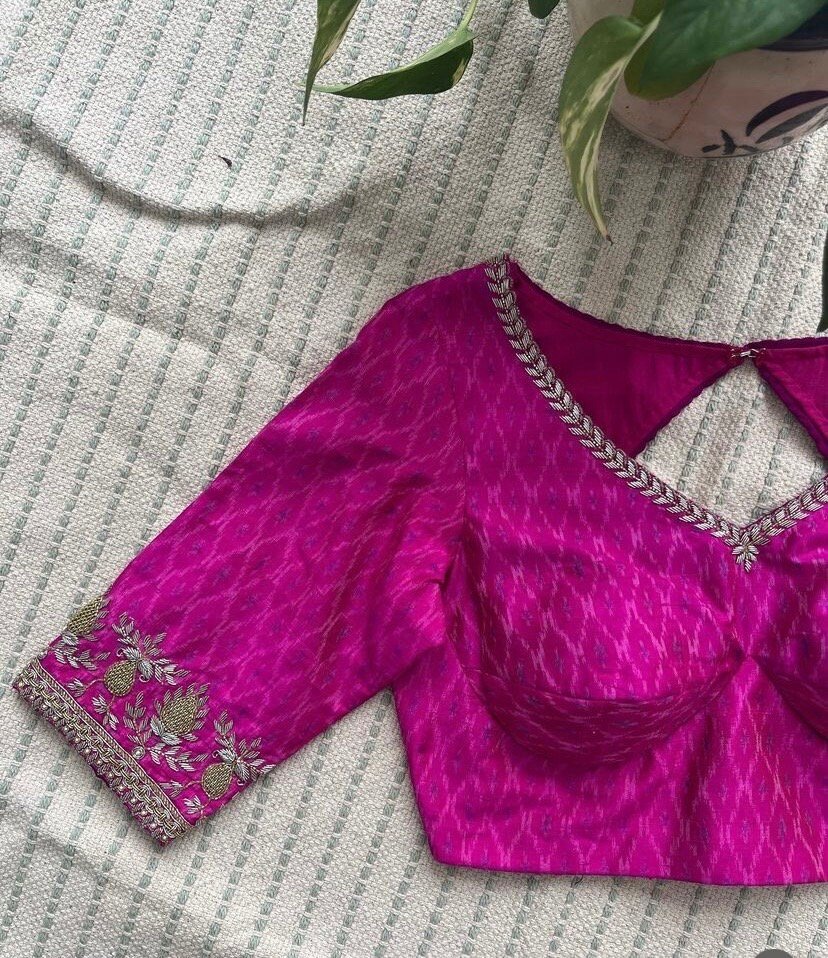 pure silk hand embroidery blouse /pink saree maggam blouse/pink ikkat silk zardosi blouse/ embroidered blouse/pochampally ready made blouse