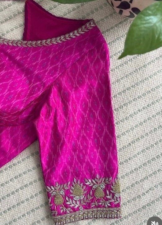 pure silk hand embroidery blouse /pink saree maggam blouse/pink ikkat silk zardosi blouse/ embroidered blouse/pochampally ready made blouse