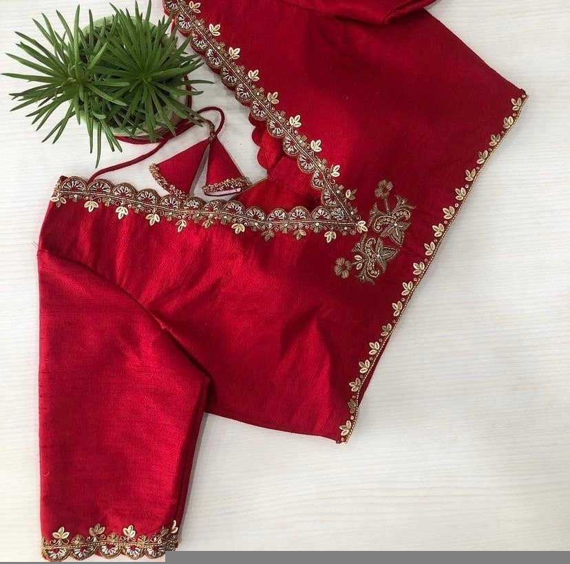 pure silk hand embroidery blouse/red saree maggam red blouse /raw silk zardosi blouse/hand embroidered blouse /red ready made blouse zardosi