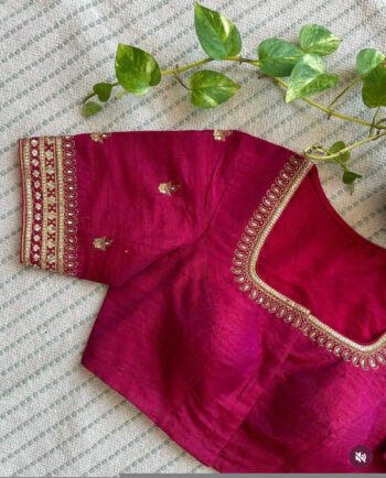 Pink Silk Saree Blouse: Hand Embroidered Maggam Work Crop Top