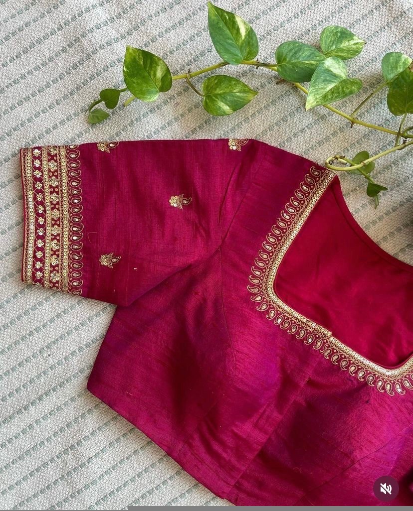 Pink Silk Saree Blouse: Hand Embroidered Maggam Work Crop Top