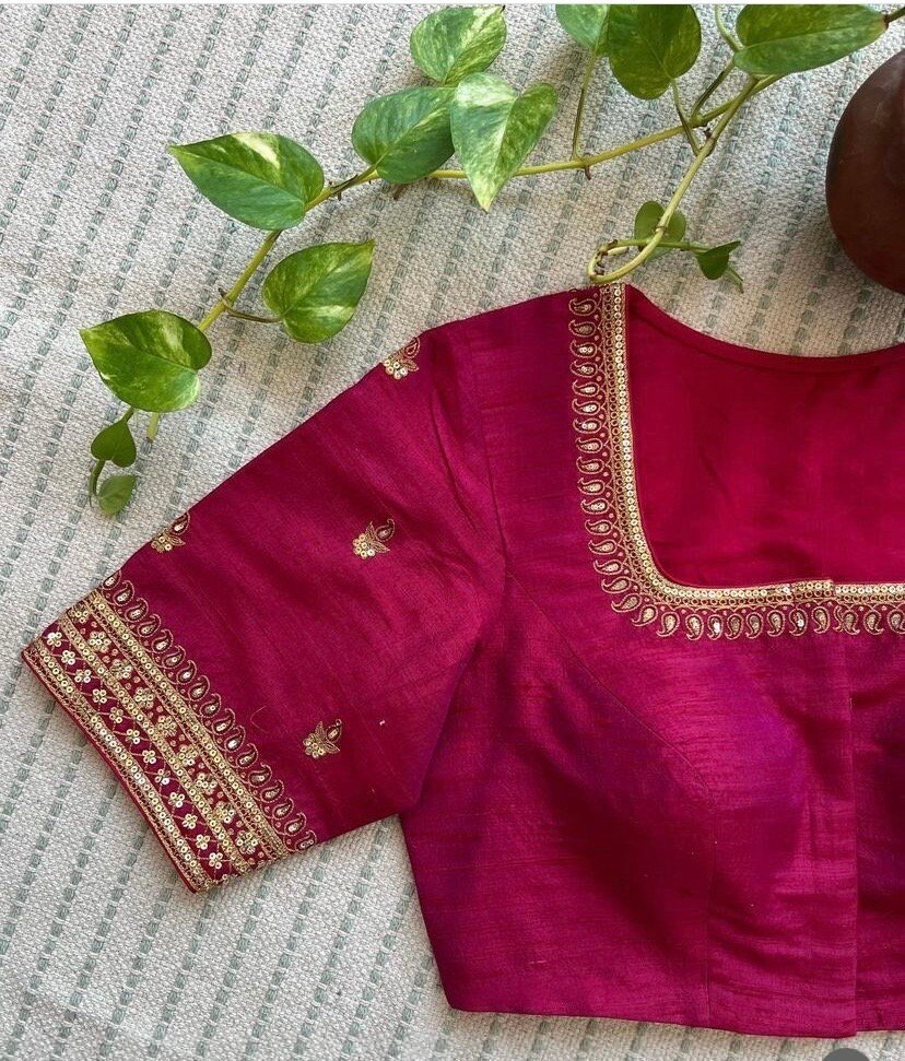 Pink Silk Saree Blouse: Hand Embroidered Maggam Work Crop Top