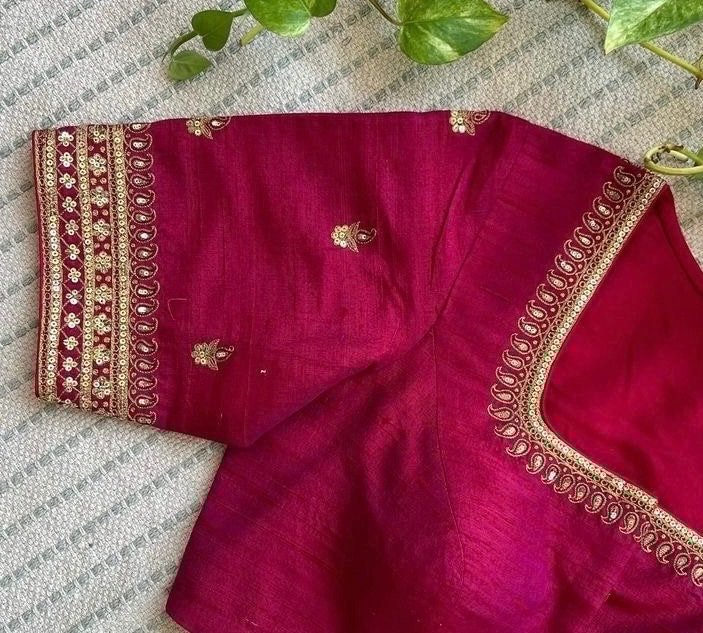 Pink Silk Saree Blouse: Hand Embroidered Maggam Work Crop Top