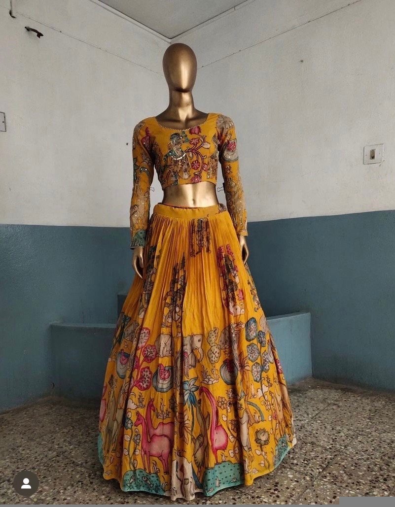 Hand-Painted Kalamkari Lehenga Set: Silk Crop Top, Wedding Outfit