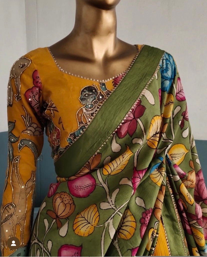 Hand-Painted Kalamkari Lehenga Set: Silk Crop Top, Wedding Outfit
