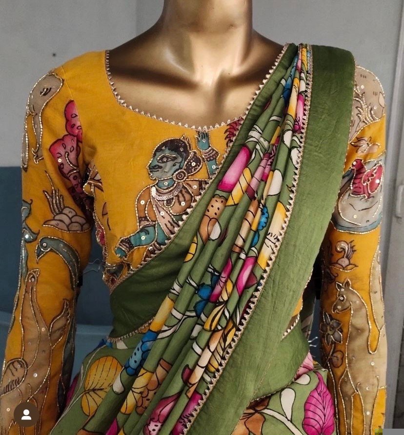 Hand-Painted Kalamkari Lehenga Set: Silk Crop Top, Wedding Outfit