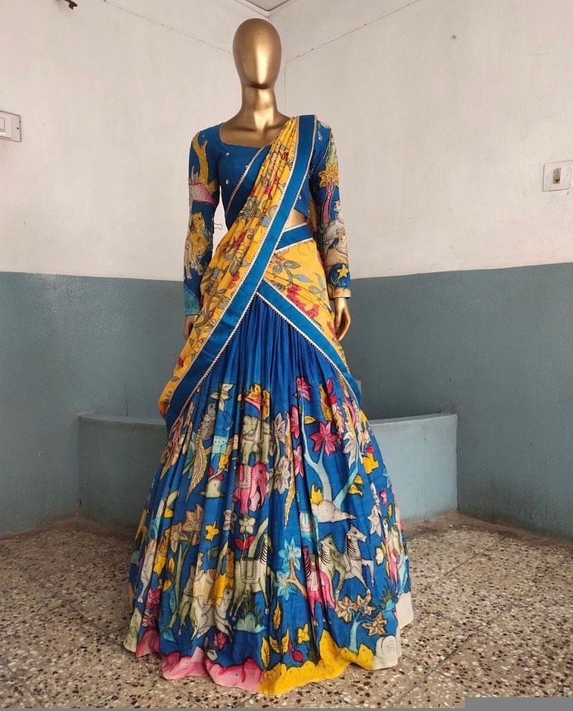 Hand-Painted Kalamkari Lehenga Set: Silk Crop Top, Embroidered Dupatta