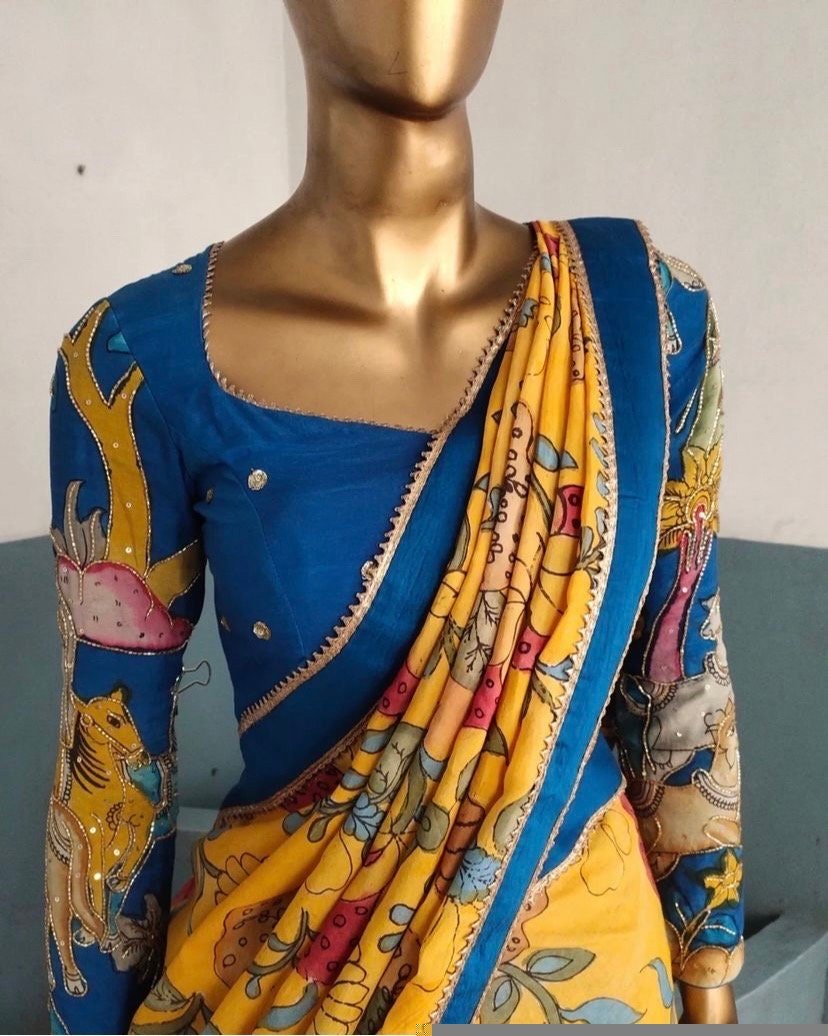 Hand-Painted Kalamkari Lehenga Set: Silk Crop Top, Embroidered Dupatta