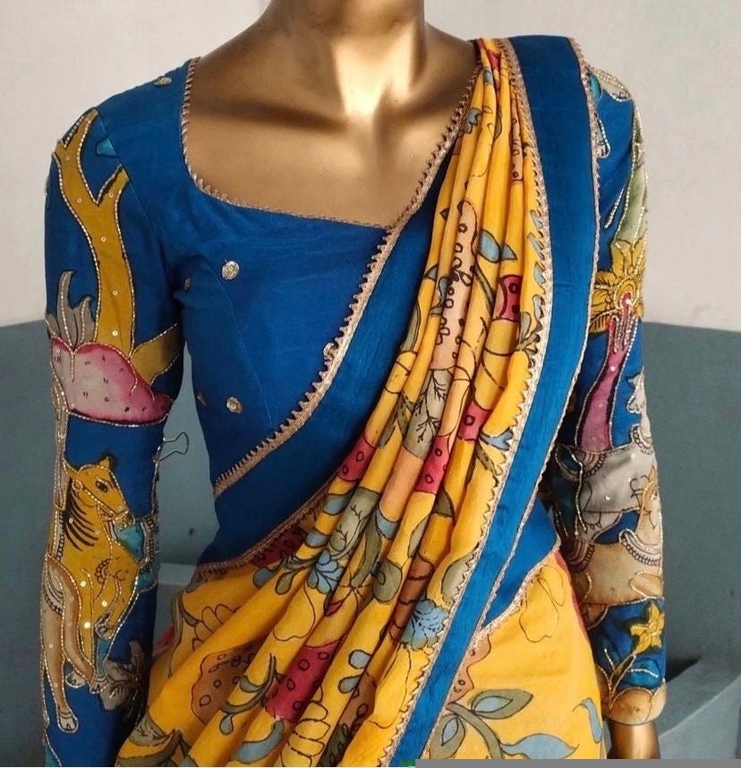 Hand-Painted Kalamkari Lehenga Set: Silk Crop Top, Embroidered Dupatta