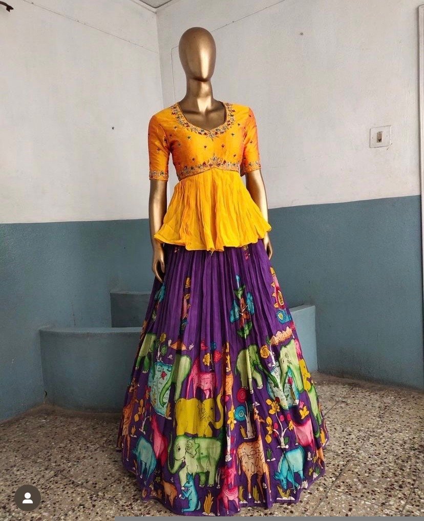 Hand-Painted Kalamkari Lehenga Set: Silk Crop Top, Embroidered Skirt