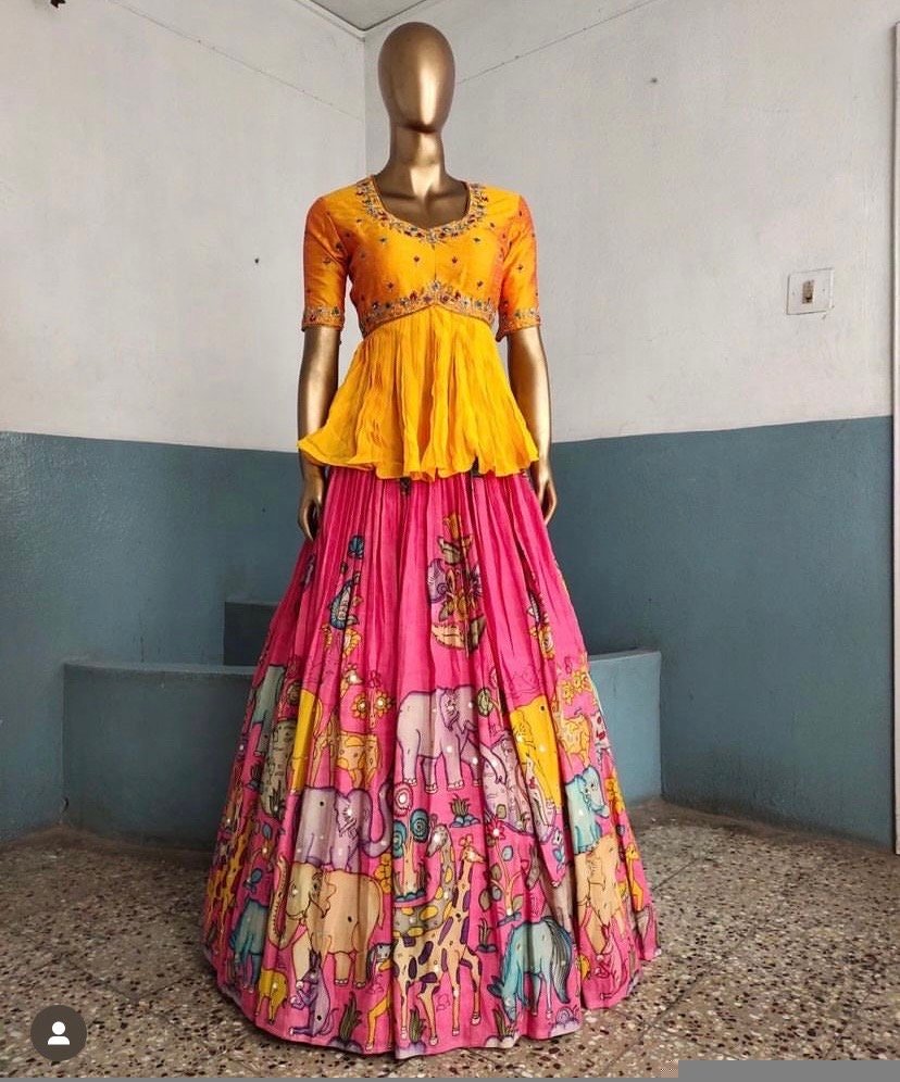 Hand-Painted Kalamkari Lehenga Set: Silk Crop Top, Embroidered Skirt
