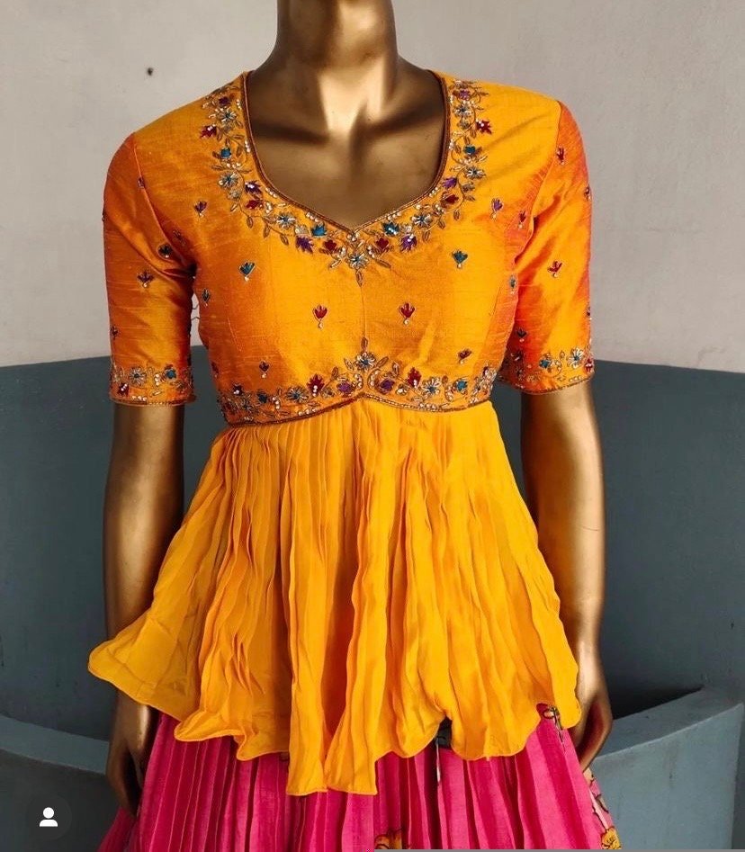 Hand-Painted Kalamkari Lehenga Set: Silk Crop Top, Embroidered Skirt