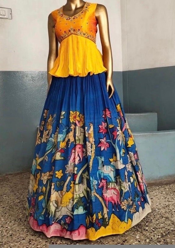 Hand-Painted Kalamkari Lehenga Set: Silk Crop Top, Embroidered Skirt
