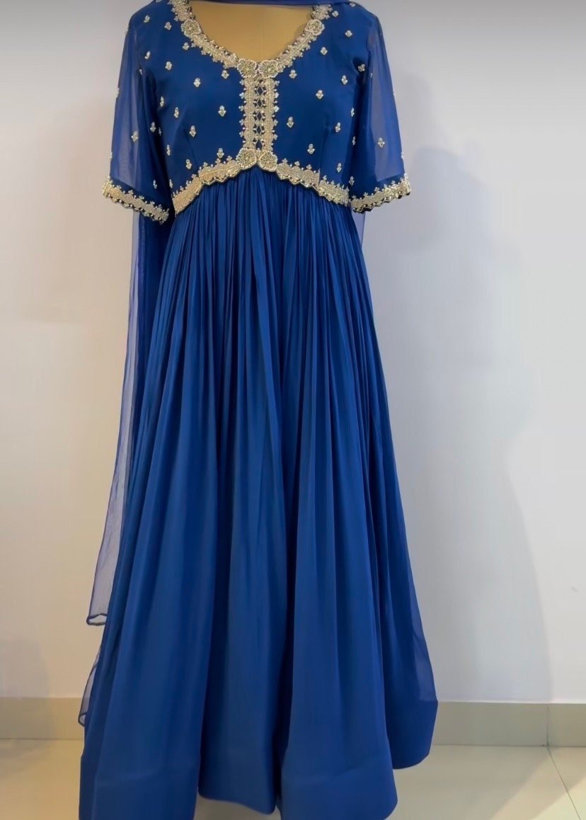 Hand Embroidered Blue Anarkali Gown: Zardosi Festive Dress