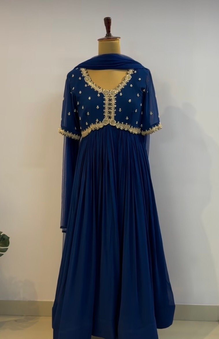 Hand Embroidered Blue Anarkali Gown: Zardosi Festive Dress