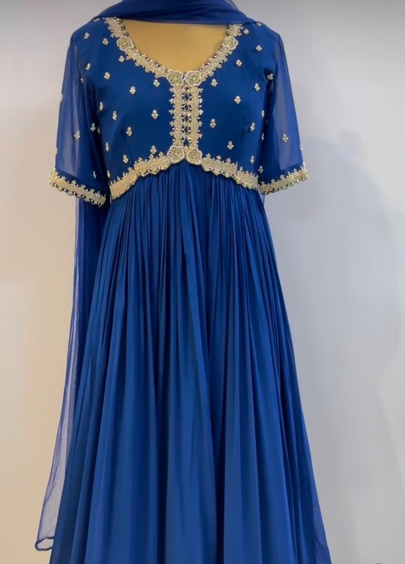 Hand Embroidered Blue Anarkali Gown: Zardosi Festive Dress