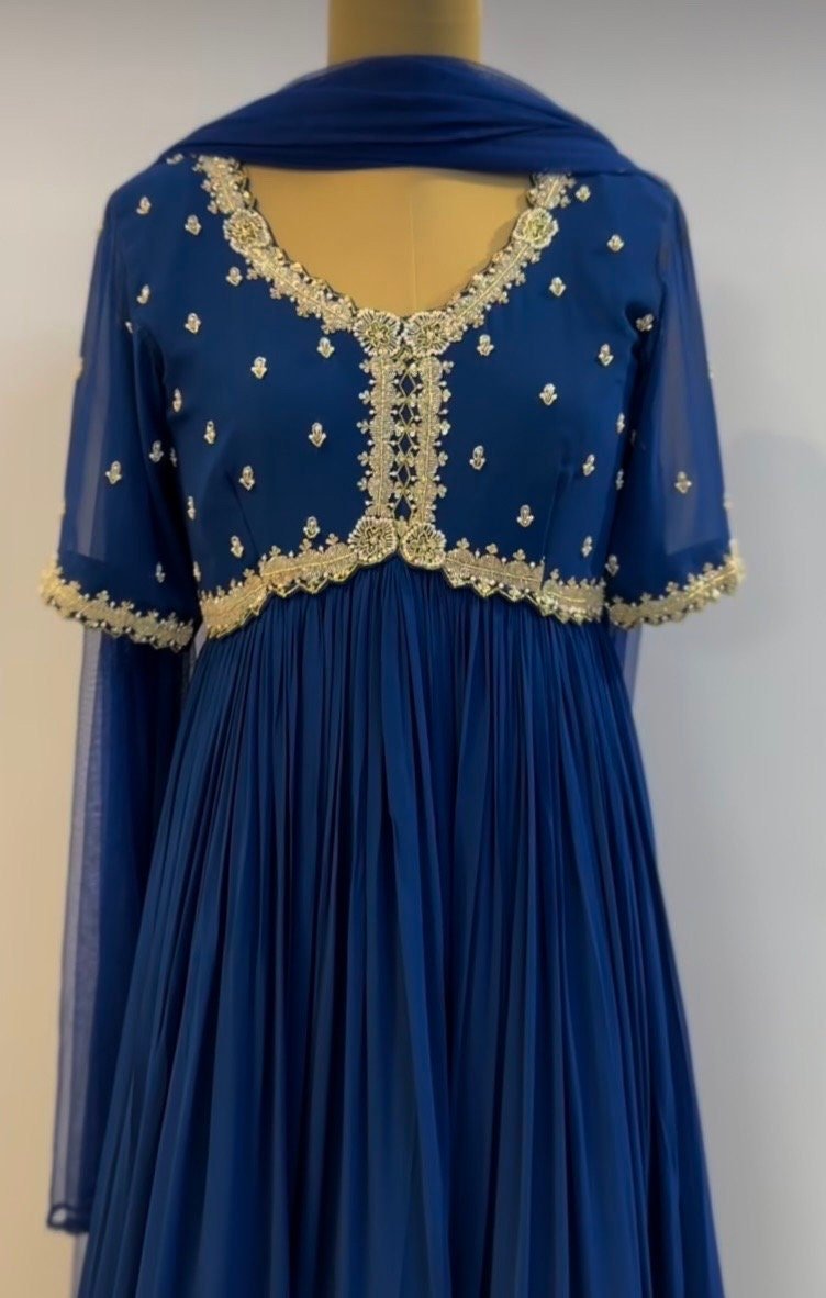 Hand Embroidered Blue Anarkali Gown: Zardosi Festive Dress