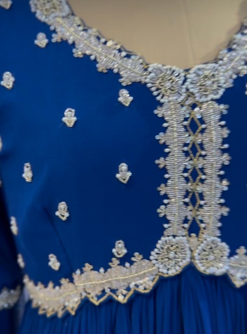 Hand Embroidered Blue Anarkali Gown: Zardosi Festive Dress