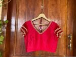 Red ruffle sleeve hand embroidery blouse/ saree maggam blouse/frill saree blouse/ v neck hand embroidered blouse/ready made blouse zardosi